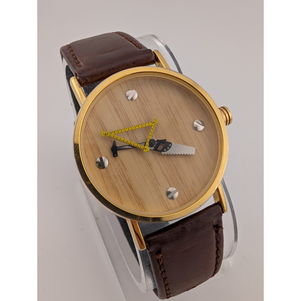 Vintage Consort Watch Men Wood Dial Carpenter Tools Leather Band- New Battery